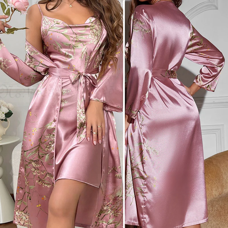 Zweiteiliges Satin-Nachthemd & Kimono mit Blumenprint – Noelle