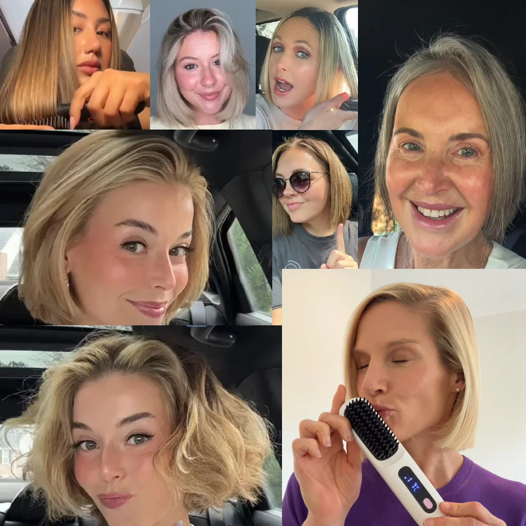 Kabellose beheizte Stylingbürste als Collage mit Kundenfotos