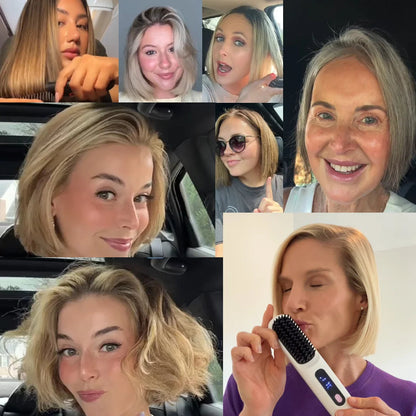 Kabellose beheizte Stylingbürste als Collage mit Kundenfotos