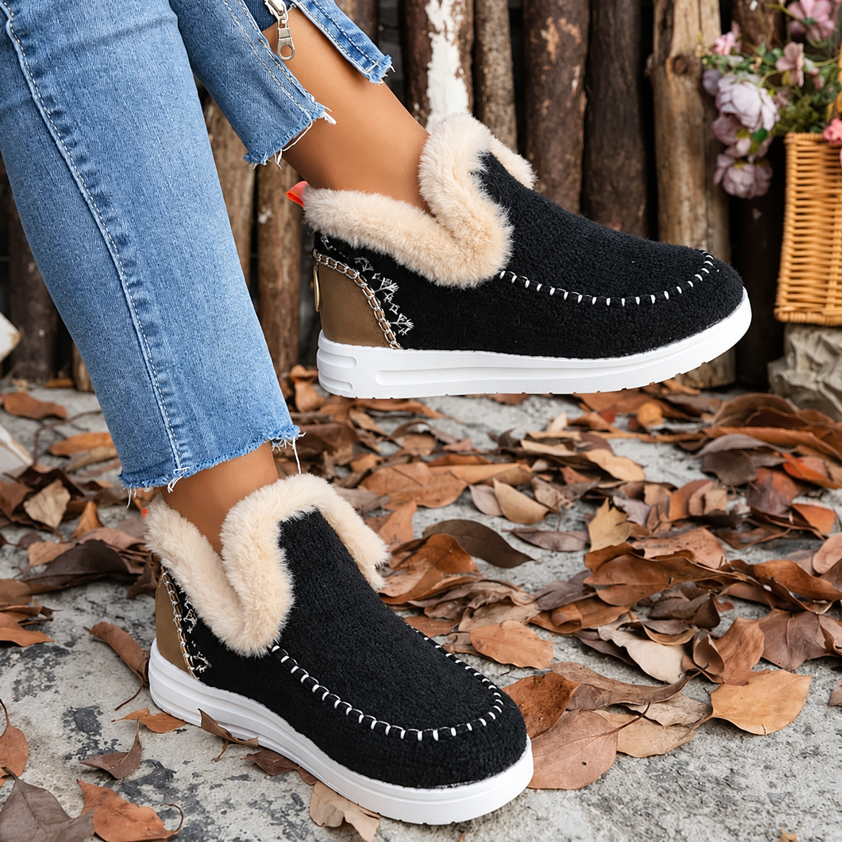 Schwarze Slip-On-Sneaker mit cremefarbenem Plüschkragen, an den Füßen getragen zu Jeans, Seitenansicht auf herbstlichem Laub. 1