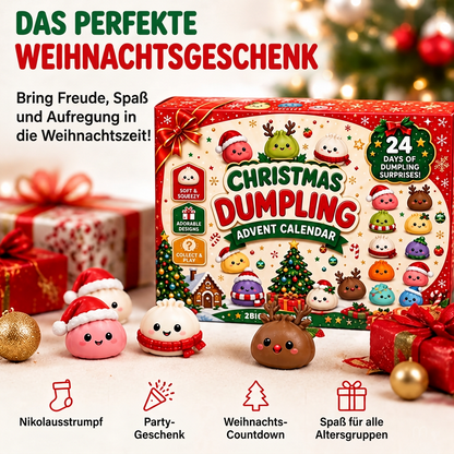 Schachtel mit vier Knödel-Figuren mit Weihnachtsmütze, Schal und Rentiergeweih, umgeben von Geschenken und Kugeln 2