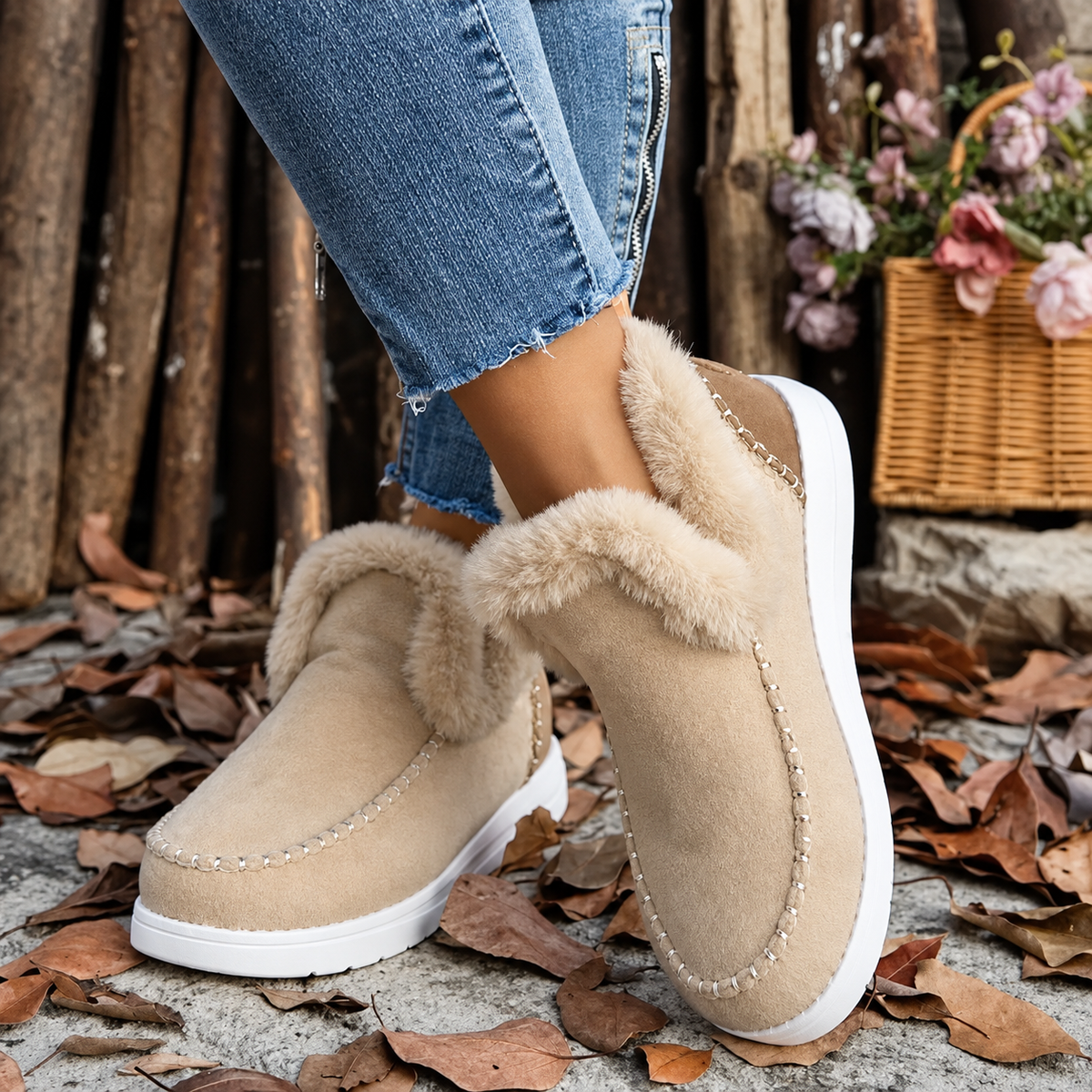 Beige Slip-On-Sneaker mit Plüschkragen und weißer Sohle, Vorderansicht an den Füßen einer Frau in Jeans mit Reißverschluss. 9