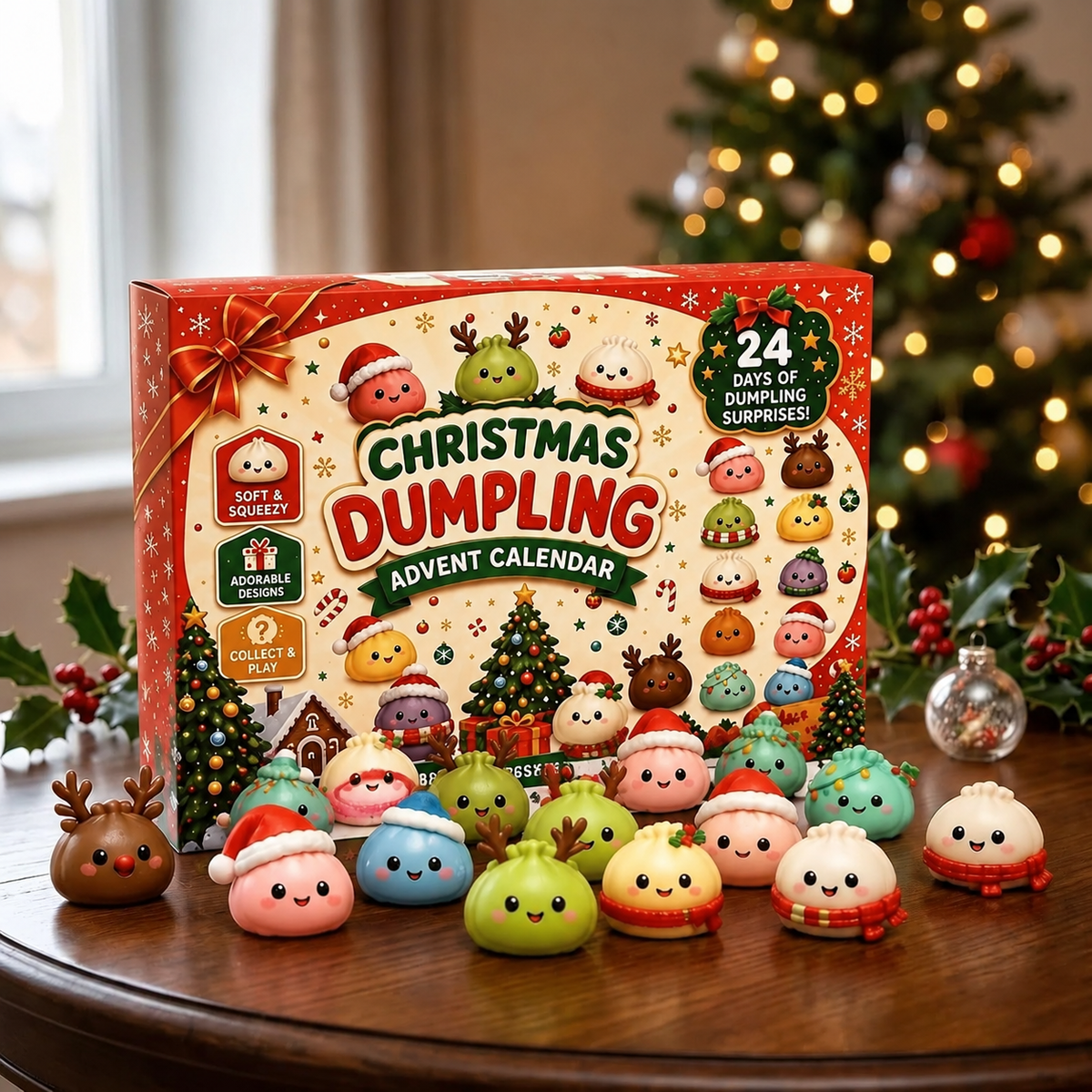 Rot-festliche Adventskalender-Schachtel mit bunten Knödel-Figuren davor auf einem Holztisch vor leuchtendem Weihnachtsbaum 1