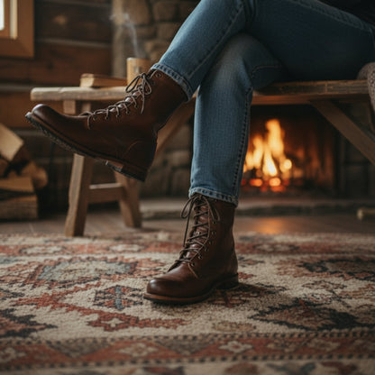 Frau in Jeans trägt braune Schnürstiefel aus Leder.
