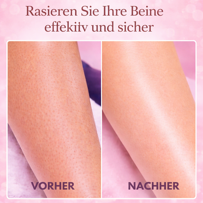 Vorher-nachher-Vergleich eines Beins: links mit sichtbaren Haarstoppeln, rechts nach der Rasur deutlich glatter.