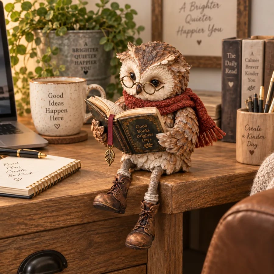 Dieselbe Eulenfigur sitzt auf der Kante eines Holzschreibtisches, umgeben von Notizbuch, Stiften, Tasse und Büchern. 2