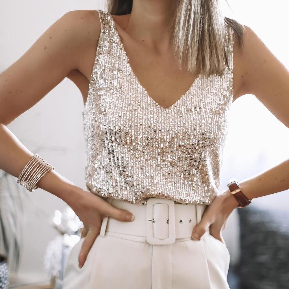 Glitzerndes Damen Pailletten-Top mit Spaghettiträgern – Liora
