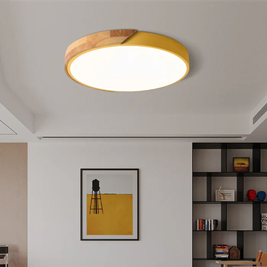 Gelbe Deckenleuchte mit Holzteil in einem Wohnraum mit Bild und Regal an der Wand 4