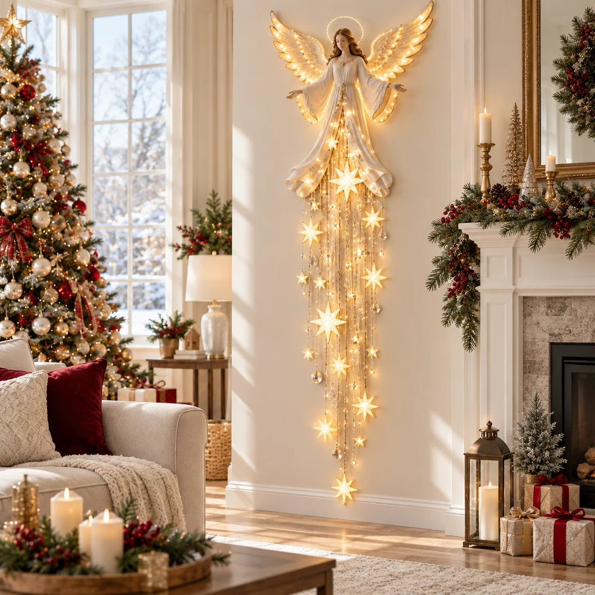 Engel-Wandlampe mit herabfallenden Sternen in Gold und Weiß im Wohnzimmer