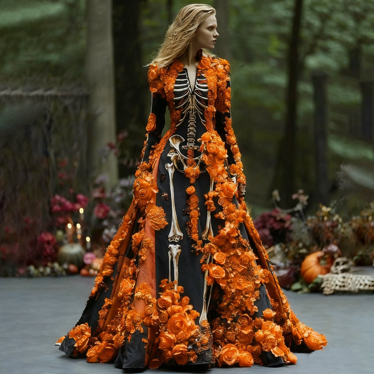 Model im schwarzen Maxikleid mit Skelett-Print und orangefarbenen Rosenapplikationen, langen Ärmeln und V-Ausschnitt, im herbstlichen Waldsetting. 1