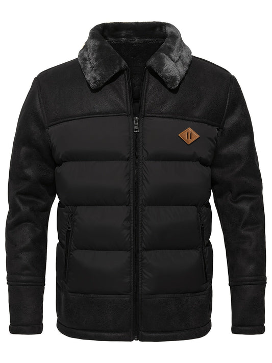 Schwarze Herren-Winterjacke mit Kunstfellkragen, Reißverschluss, gesteppter Optik.