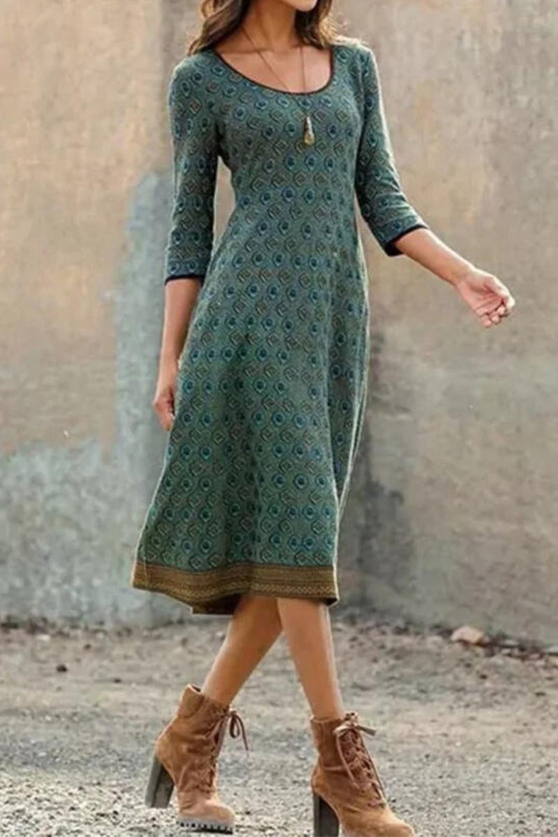 Herbstliches & Stilvolles Midi-Kleid mit Print und halbem Ärmel – Livia