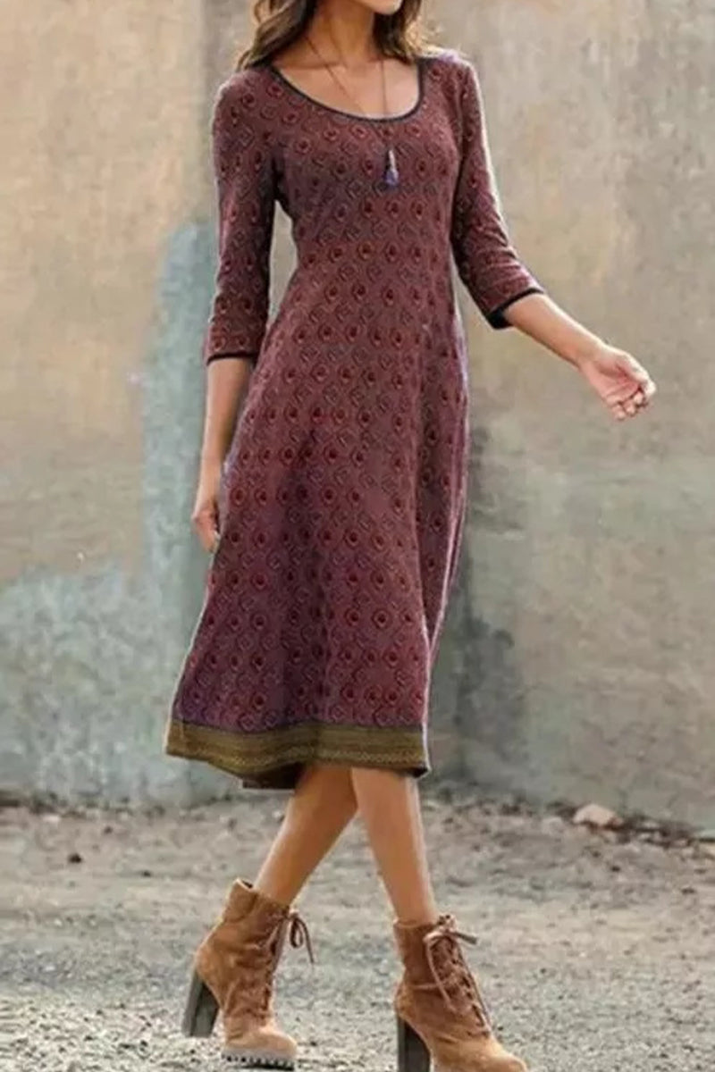 Herbstliches & Stilvolles Midi-Kleid mit Print und halbem Ärmel – Livia