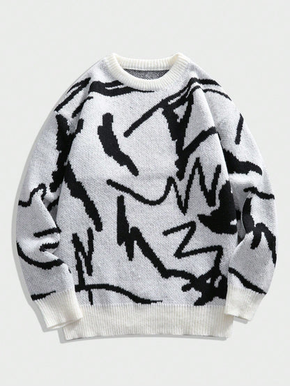 Schwarz-weißer Strickpullover mit abstraktem Muster, Unisex, Baumwolle, modisch, warm.