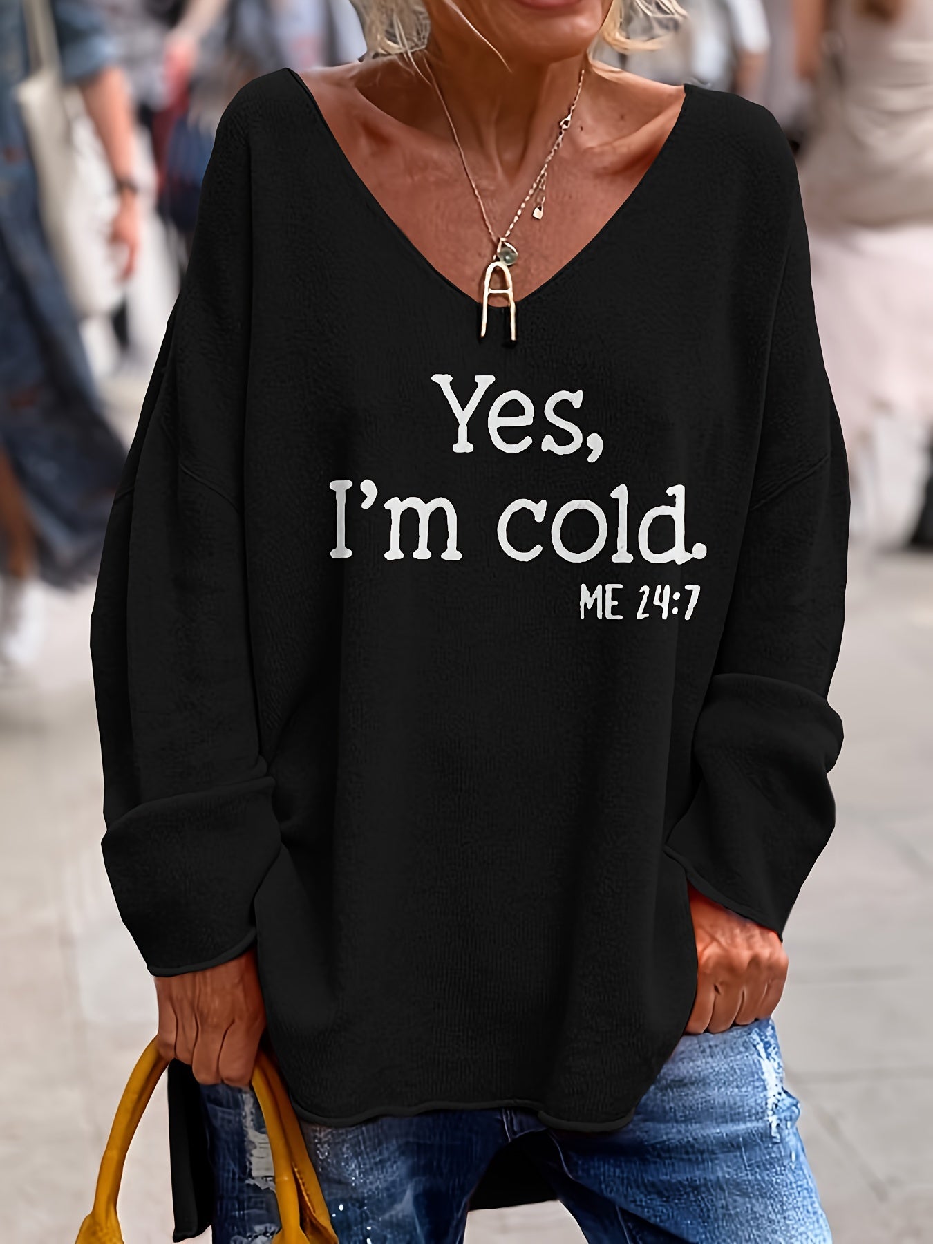 Damen Oversize-Pullover mit V-Ausschnitt & Muster – Alenia