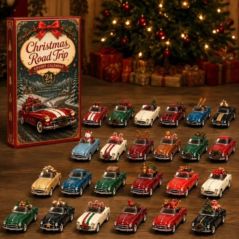 Rote Schachtel vor dem Weihnachtsbaum, davor 24 Cabrio-Modelle mit Geschenken, Bäumchen und Figuren beladen 16