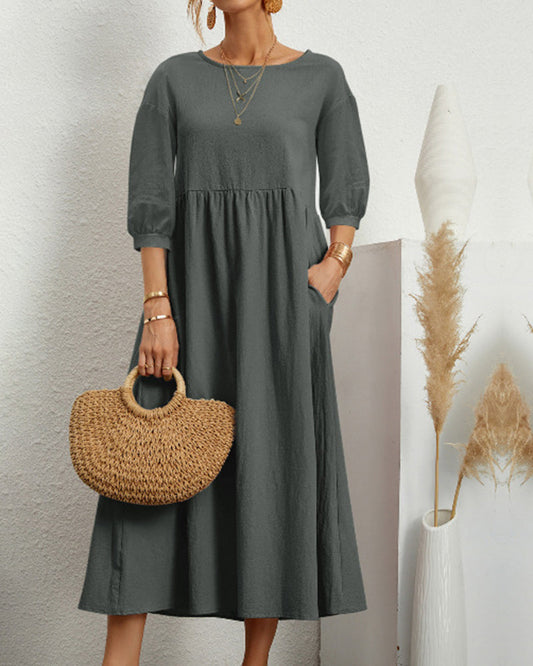 Midikleid mit Rundhalsausschnitt & Laternenärmeln – Selina