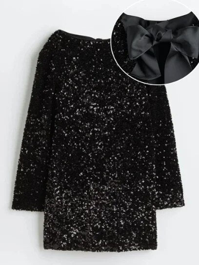 Schwarzes Paillettenkleid mit Schleife, Damenmode, elegantes Abendkleid, rückenfrei, O-Ausschnitt.