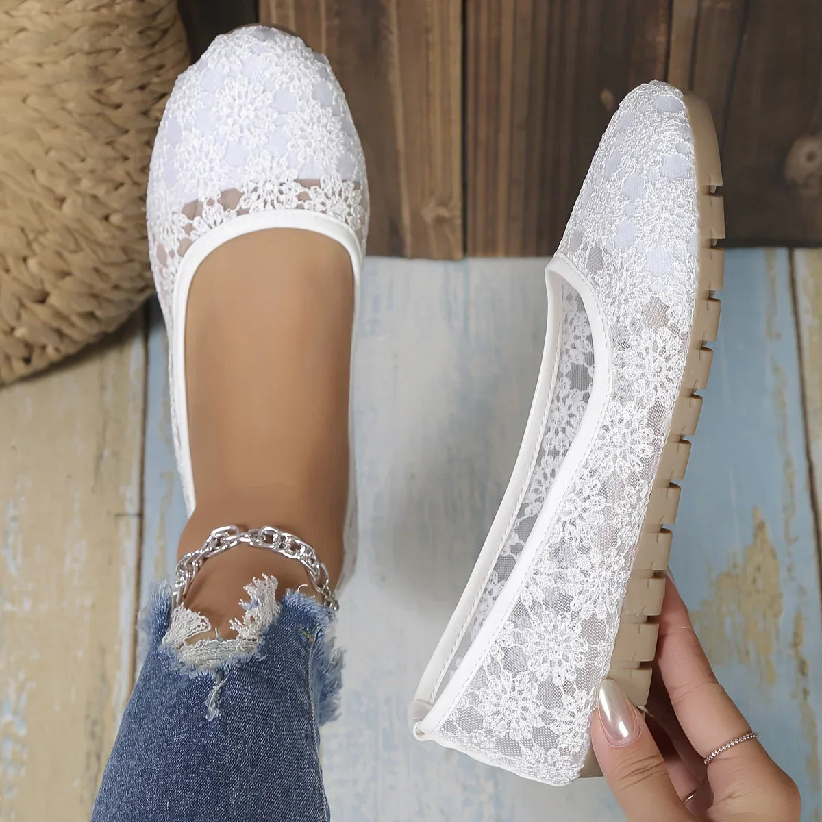 Weiße Spitzen-Ballerinas, Damen, rutschfest, bequem, Freizeit, modisch, Sommer-Schuhe.