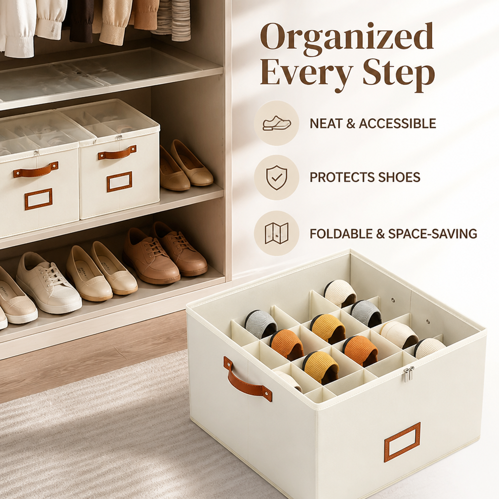 Beiger Schuh-Organizer, andere Ansicht, mit Fächern vor einem Schrankregal.
