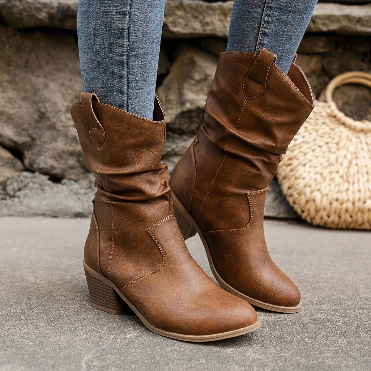 Damen Leren Stiefel mit bequemem Absatz – Amara
