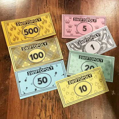 Musikbasiertes Brettspiel mit Songkarten und Monopolygeld für Spielabende