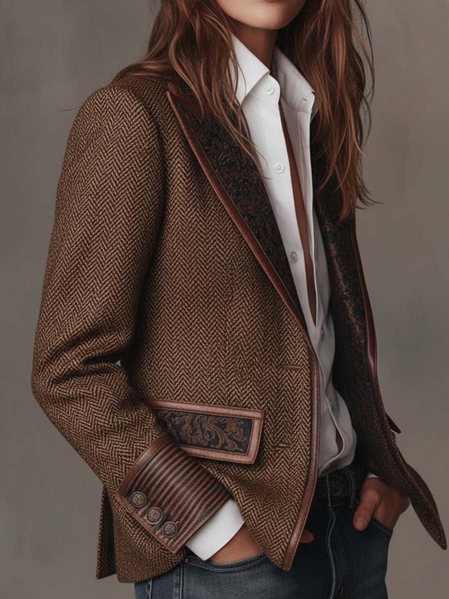 Seitenansicht des Blazers am Model, Hand in der Tasche, gestreifter Ärmelaufschlag mit Knöpfen 9