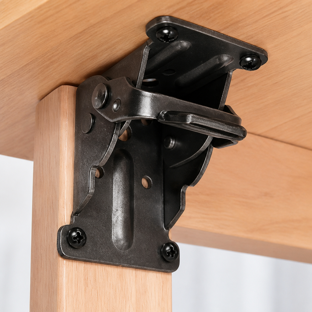 Nahaufnahme einer schwarzen Klapphalterung mit sichtbaren Schrauben und Verriegelungshebel am hellen Holzbein