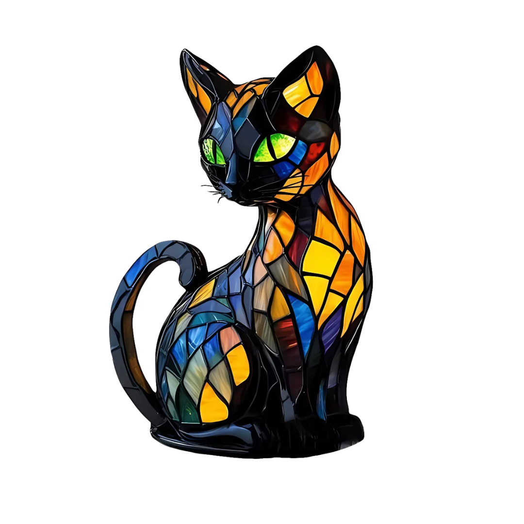 Sitzende Katzenfigur im Buntglas-Mosaikstil mit grünen Augen und geschwungenem Schwanz vor weißem Hintergrund 1