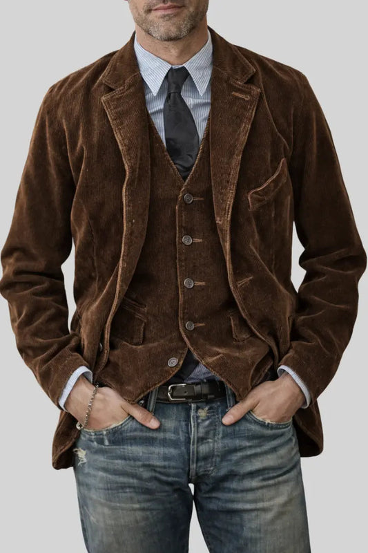 Brauner Cord-Blazer mit passender Weste, Krawatte und Jeans, Oberkörper vor hellgrauem Hintergrund, Hände in den Taschen 1