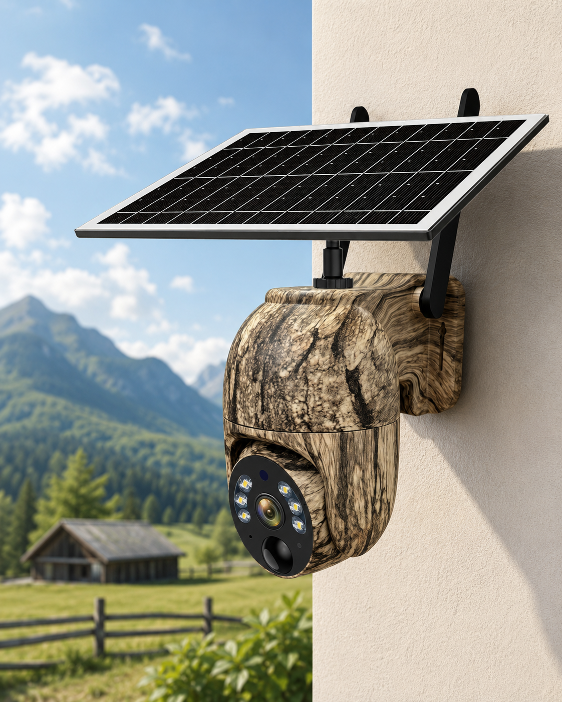 Tarn-Sicherheitskamera mit Solarpanel an einer Hauswand vor Landschaft
