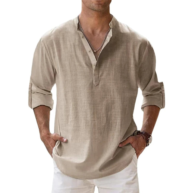 Herren-Leinen-Henley-Shirt in Beige, locker geschnitten, Vorderansicht