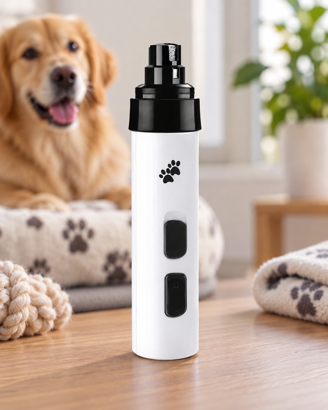 Weißer Krallenschleifer mit schwarzem Kopf steht auf einem Holztisch, dahinter liegt ein Golden Retriever 1