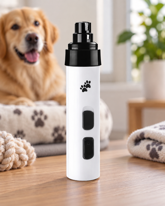 Weißer Krallenschleifer mit schwarzem Kopf steht auf einem Holztisch, dahinter liegt ein Golden Retriever 1