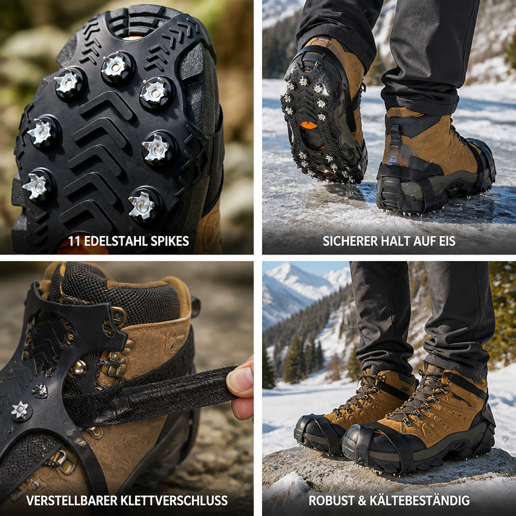 Vierfach-Collage: Spikes in Nahaufnahme, Gehen auf Eis, Klettverschluss-Detail und Stiefel mit Eisgriffen im Schnee 2