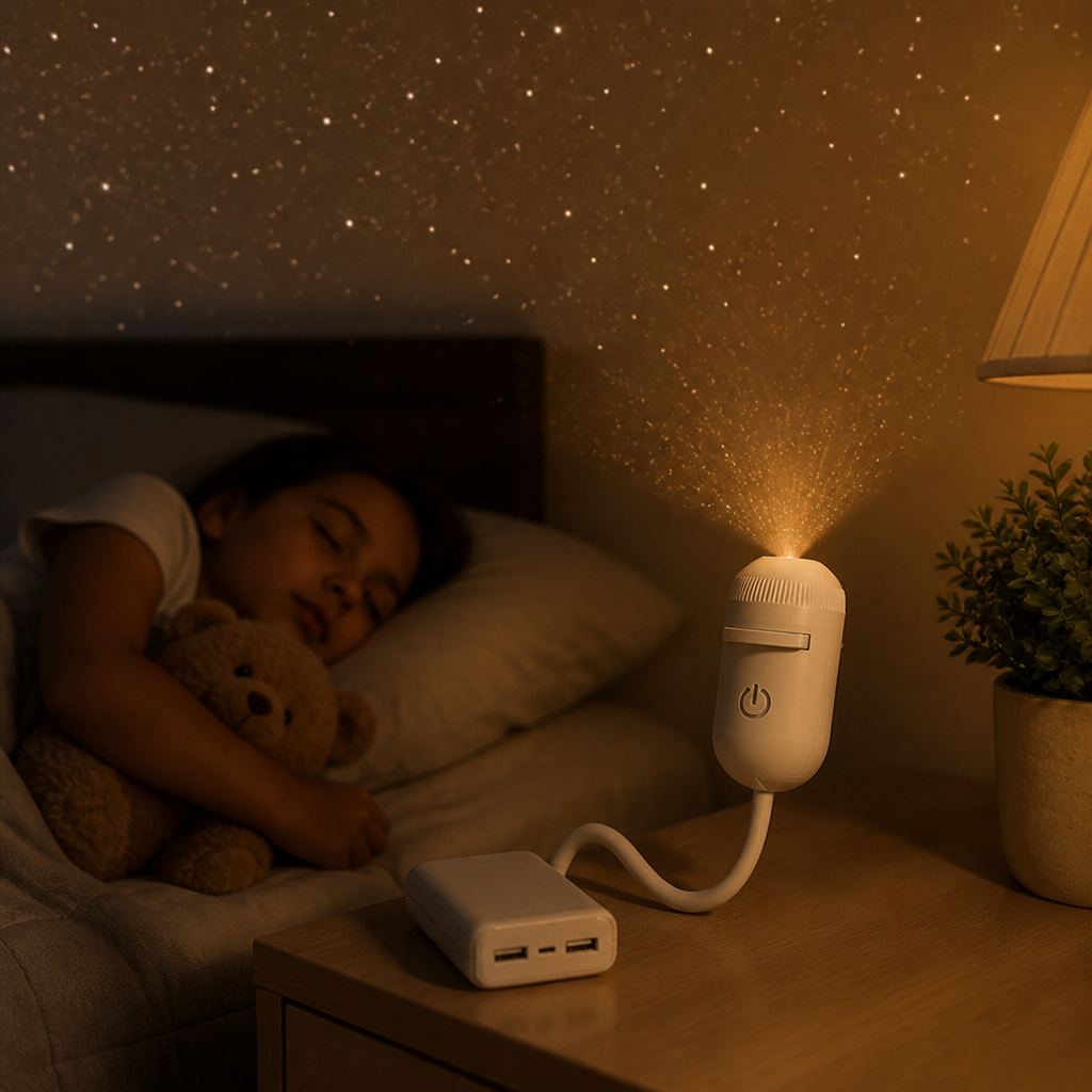 Ein schlafendes Kind im Bett, daneben projiziert der 2-in-1-Sternprojektor Sterne an die Decke.