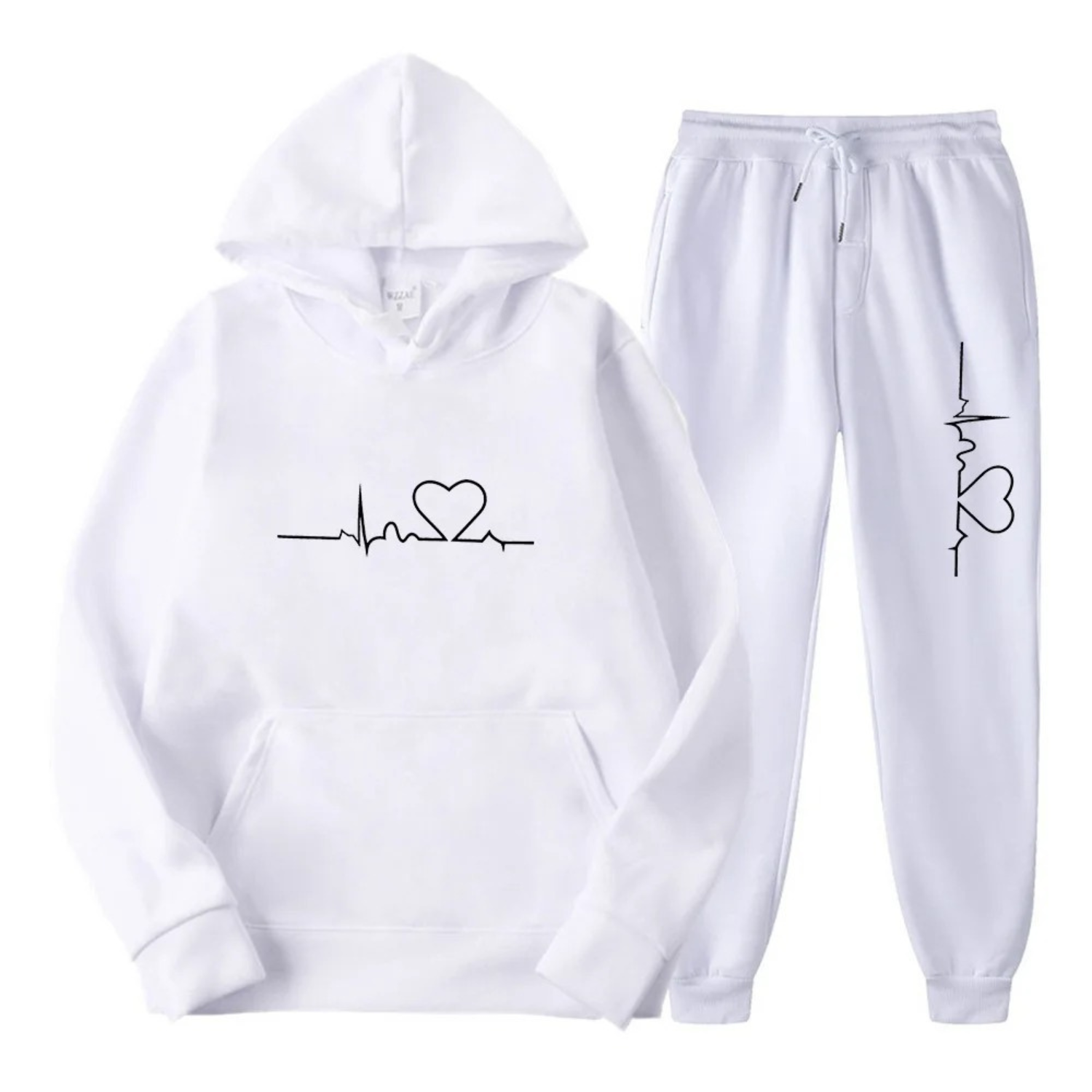 Weißer Hoodie und Jogginghose mit Herz-EKG-Design, Unisex, Baumwolle, Freizeitkleidung.