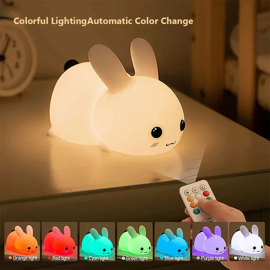 Nachtlicht Hase LED, Farbwechsel, Fernbedienung, Kinderzimmer, dimmbar, USB-aufladbar.