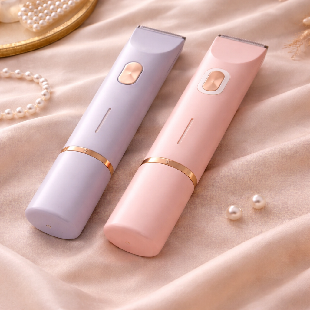 Zwei Trimmer in Flieder und Rosa nebeneinander auf cremefarbenem Stoff, daneben Perlen und ein goldener Spiegel.