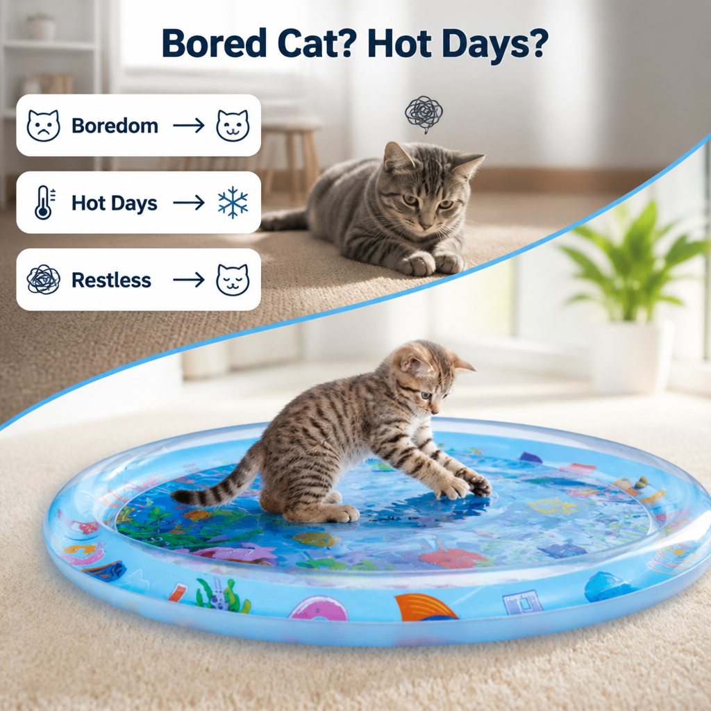 Gelangweilte Katze und Kätzchen auf der runden blauen Wassermatte