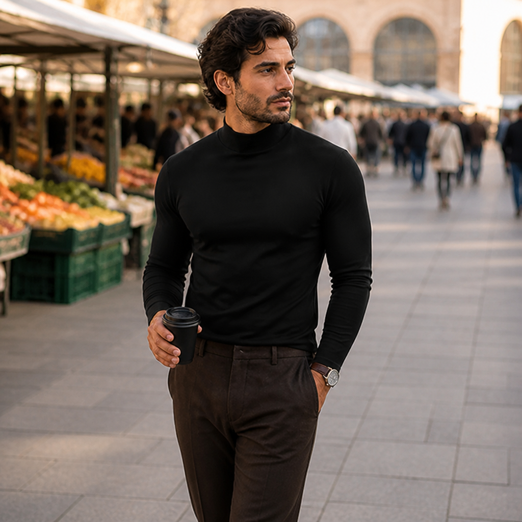 Herren Slim Fit Langarmshirt mit umklappbarem hohem Kragen in Schwarz, an einem Markt getragen