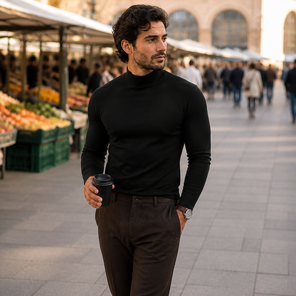 Herren Slim Fit Langarmshirt mit umklappbarem hohem Kragen in Schwarz, an einem Markt getragen