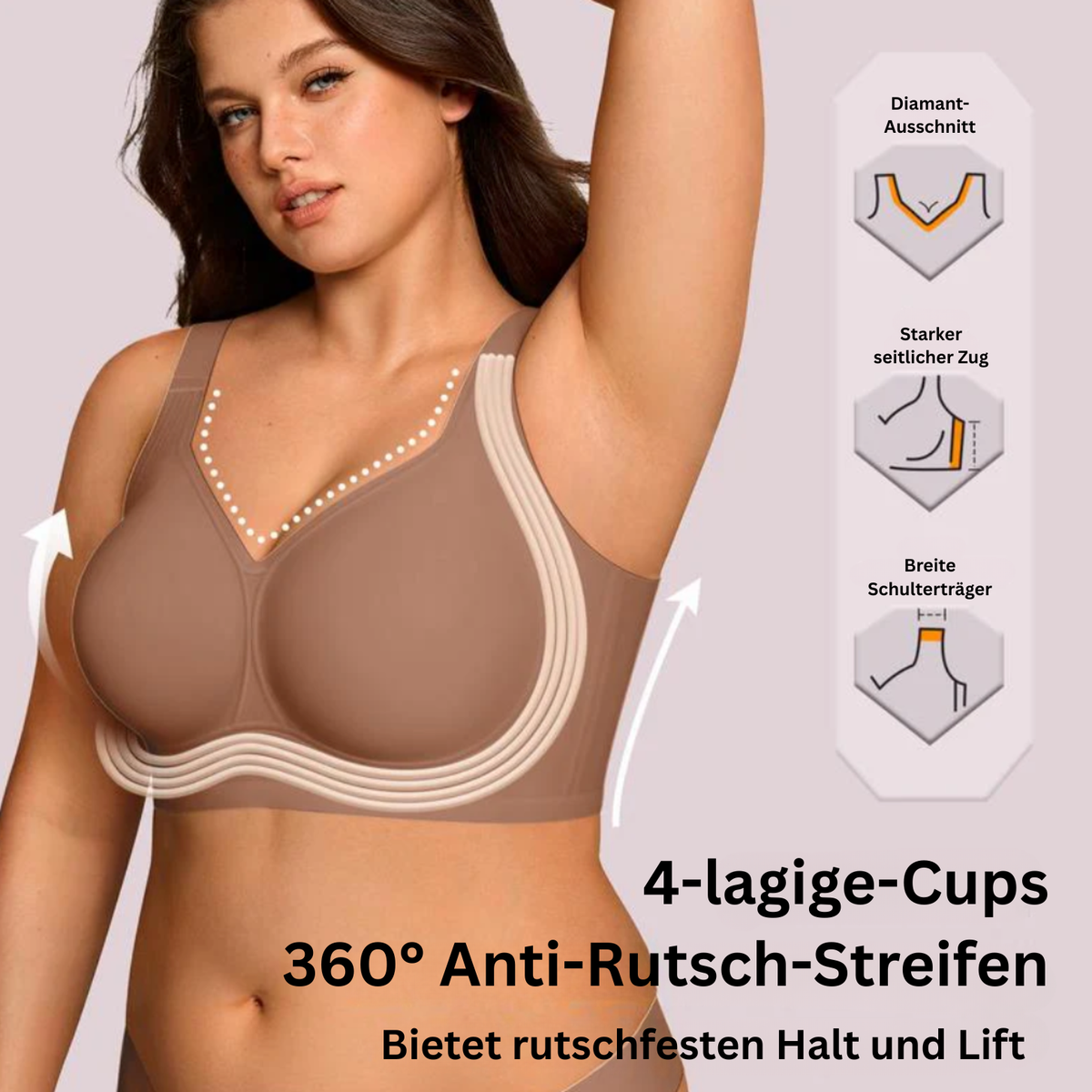 Model im braunen BH, Grafiken erklären Diamant-Ausschnitt, seitlichen Zug, breite Träger und Anti-Rutsch-Streifen 9