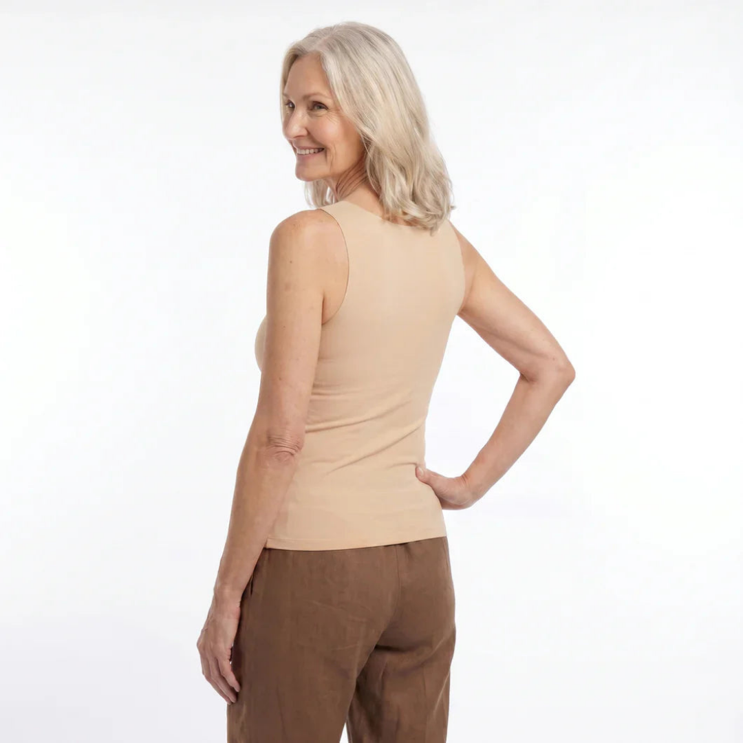 Rückansicht des beigen Stütz-Tops für Damen mit breiten Trägern