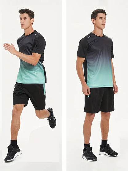 Mann in schwarz-grünem Sportoutfit, läuft und steht, Fitnessbekleidung, atmungsaktiv.