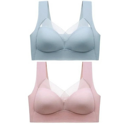 Zwei nahtlose BHs im Set, oben in Hellblau, unten in Rosa, mit Netzeinsatz im Ausschnitt, freigestellt. 9