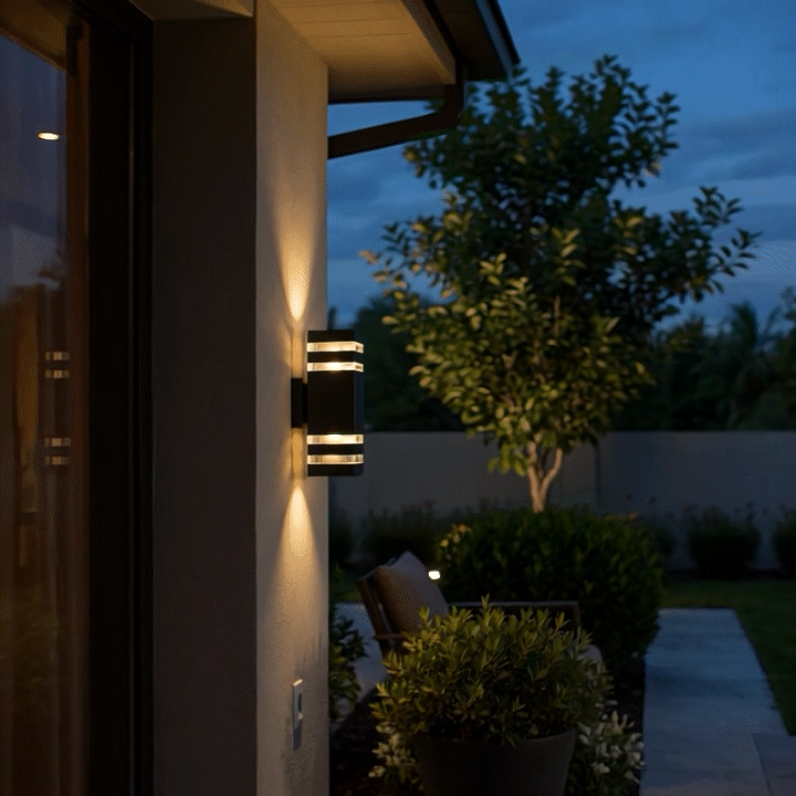 Außenwandleuchte in der Abenddämmerung an einer Hauswand mit Garten im Hintergrund