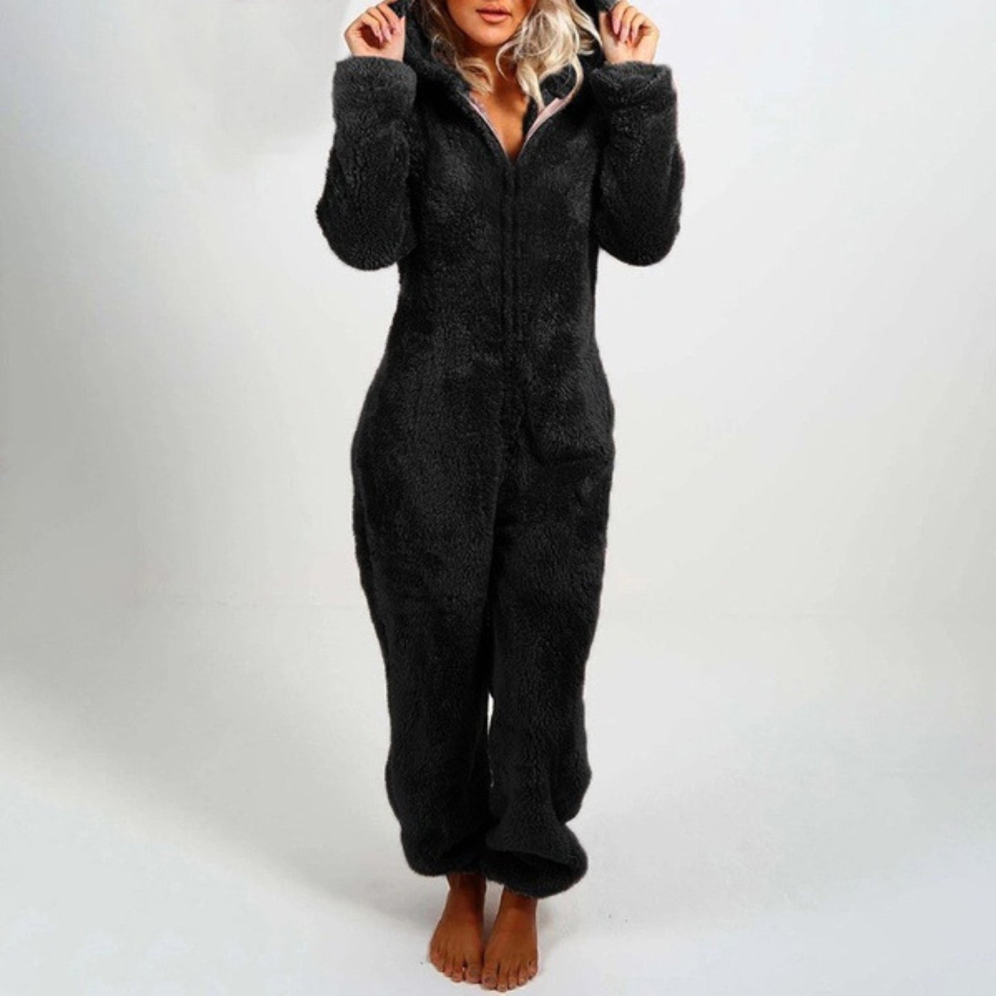Damen Plüsch Winter Overall, schwarz, langärmelig, Kapuze, Reißverschluss, warme Pyjama.