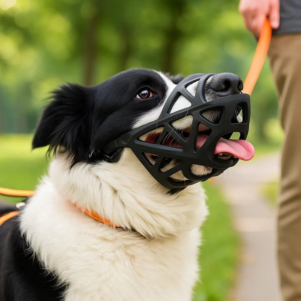 Schwarzer Hundemaulkorb am Hund beim Spaziergang im Park