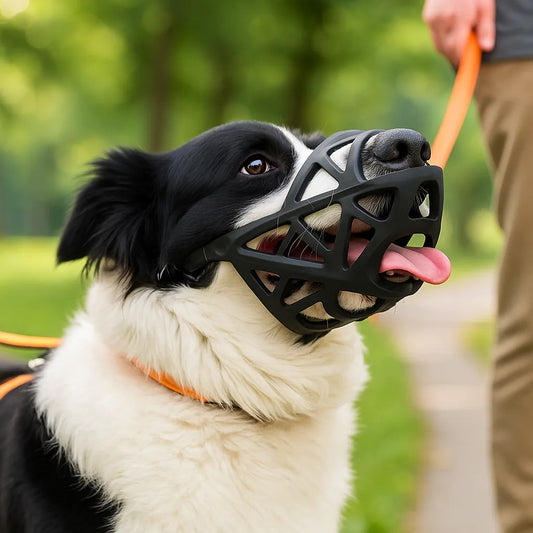 Schwarzer Hundemaulkorb am Hund beim Spaziergang im Park